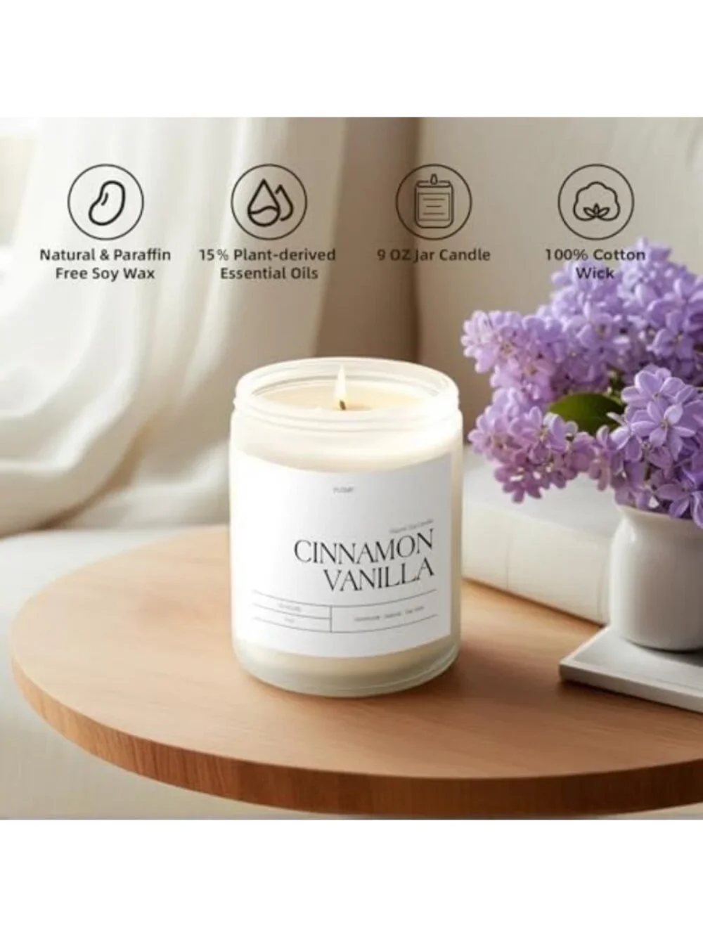 Cozy Cinnamon Vanilla Scented Soy Candle - 9oz Non-Toxic Home Fragrance